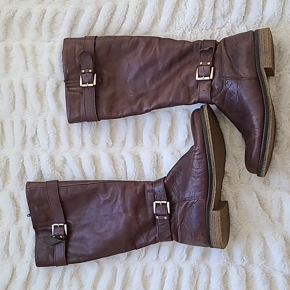 Bianco Shoes - Bianco Shearling Lined Leather Brown Knee High Riding Boots Size EU 41 US 10
